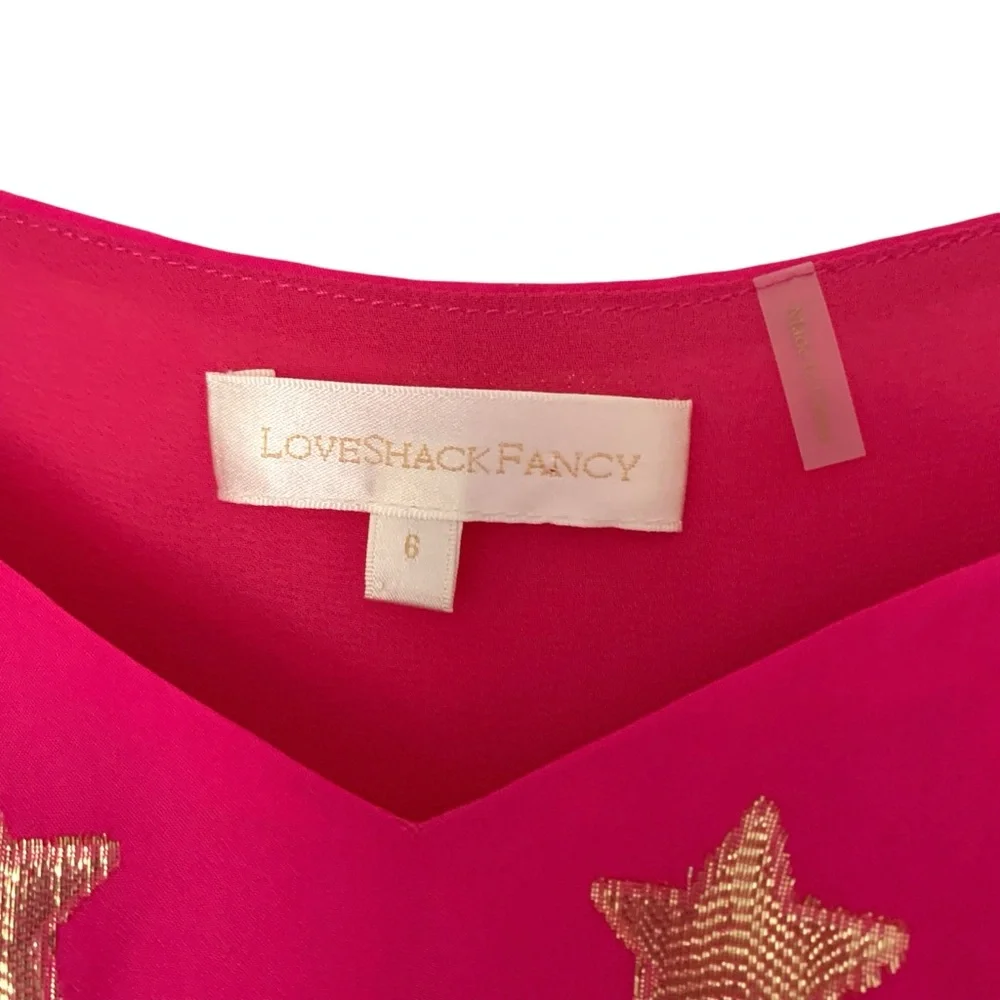 LoveShackFancy Pink and Gold Star Patterned Puff Sleeve Cropped Women's 6 Top